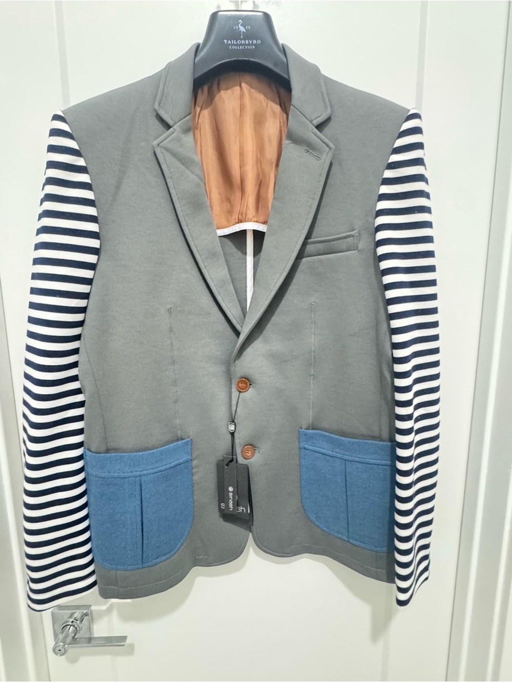 Smash Men’s Knit Blazer Sport Coat Striped Sleeve Gray Blue Jacket Size L